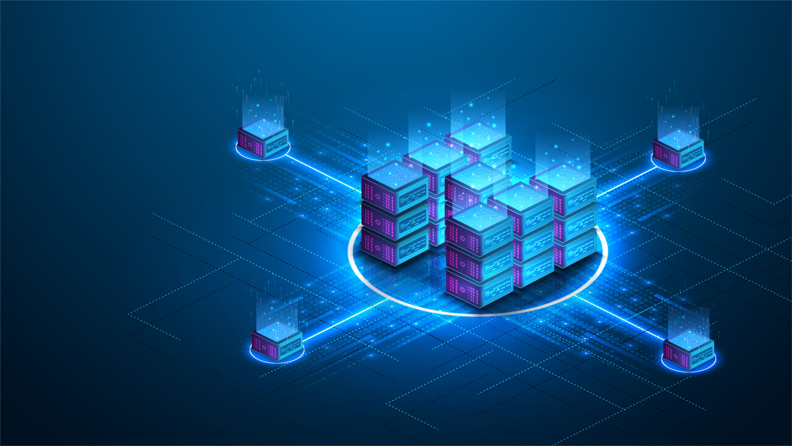 Isometric futuristic Hosting server. Abstract datacenter or blockchain background. 3D Digital background. Server farm communication with internet. Computer storage, farming workstation. Vector